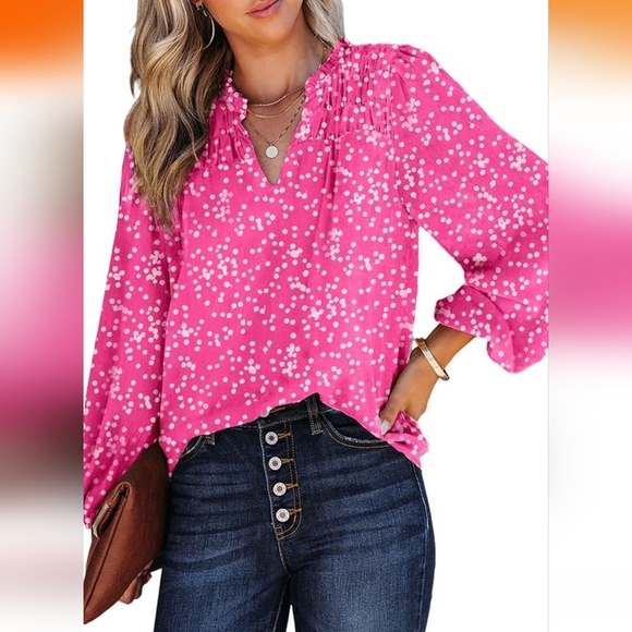 Dokotoo Hot Pink Floral V-Neck Smocked Long Sleeve Chiffon Bohemian Blouse-XXL - Picture 1 of 8